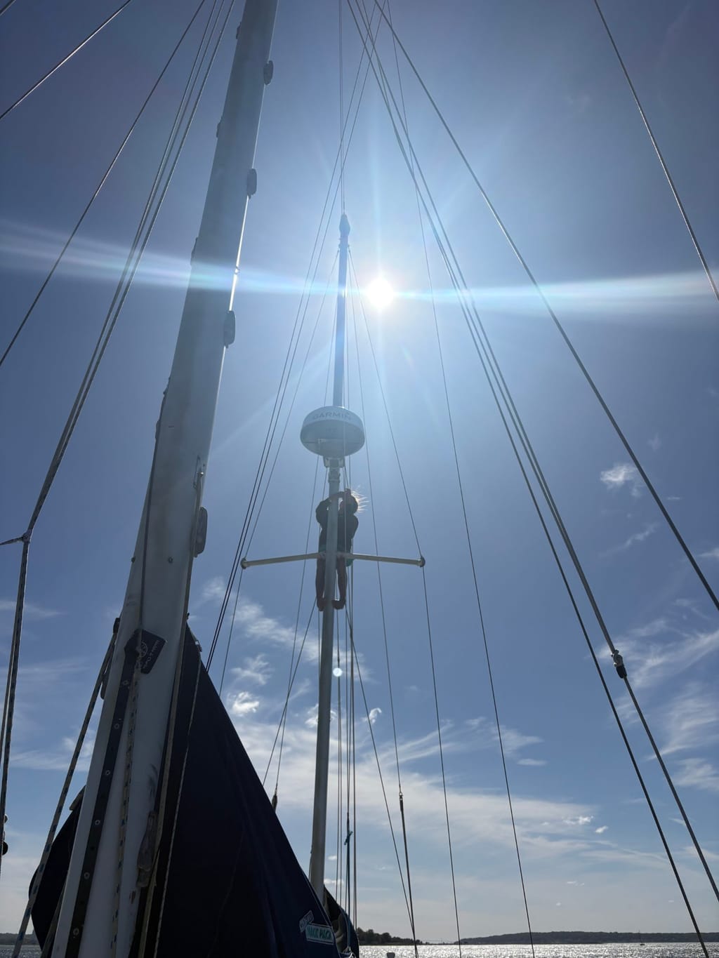 Ruby up the mast fixing banging wires on the radar! She eared some Tony's chocolate for that one as it quite windy! 