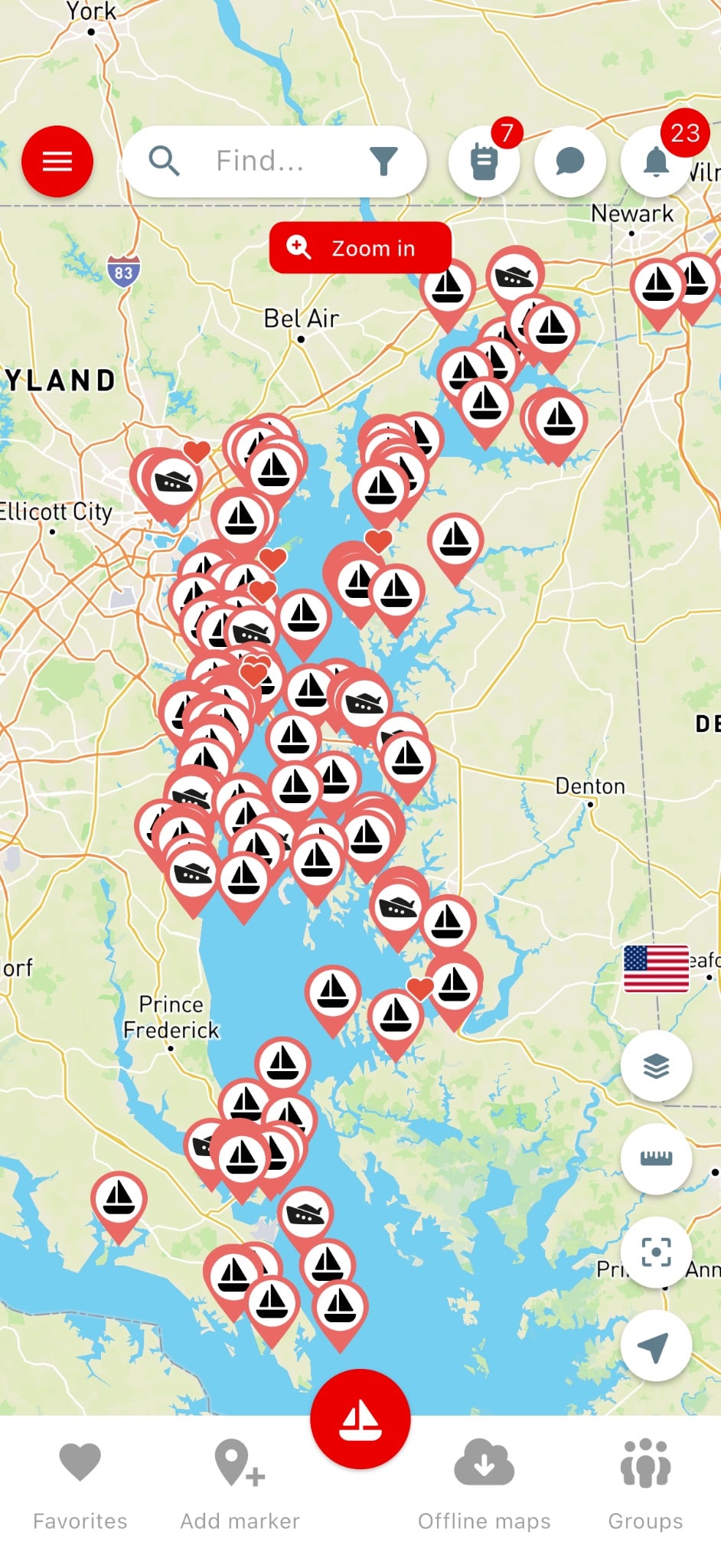 Screenshot of all the liverboard boats using the app no foreign land in the Chesapeake Bay. Boats hang out here until November 1, avoiding the worst of hurricane season before heading south.