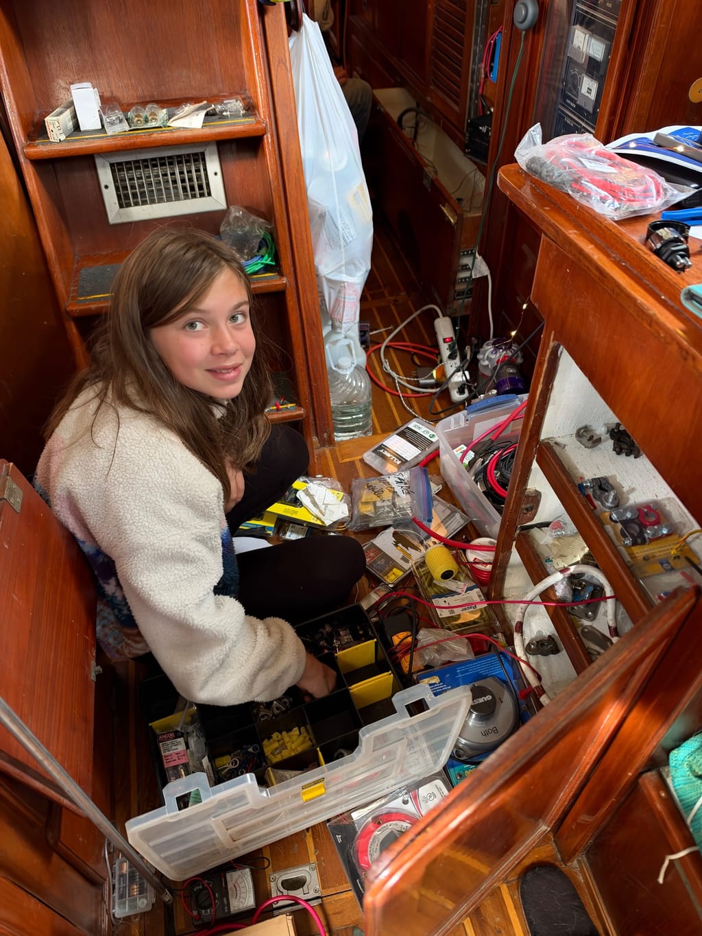 Ruby and I organizing the electrical cabinets