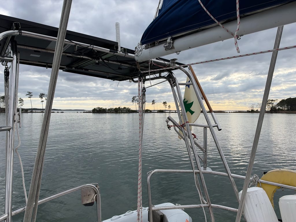 Hudson Creek, off of Little Choptank River. At anchor: Our wild Saturday night: installing new shelving for a battery project. This place reminds us so much of Flagstaff Lake 